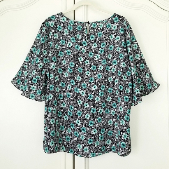 Elle Black Teal Floral Bell Half Sleeve Round Neck Pullover Top Large NWT - Picture 4 of 8